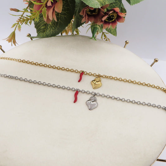 SACRED LUCKY ~ Bracciale ACCIAIO INOSSIDABILE con cuore sacro e cornetto