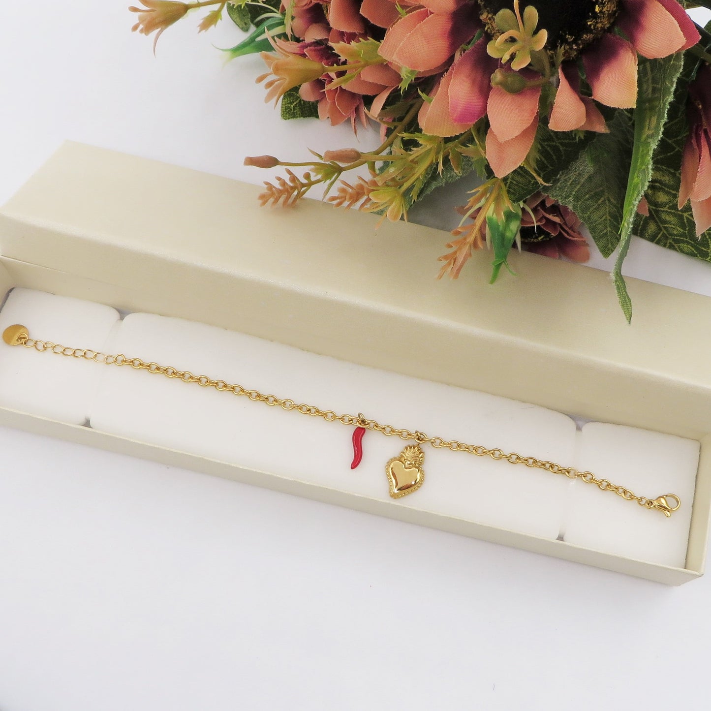 SACRED LUCKY ~ Bracciale ACCIAIO INOSSIDABILE con cuore sacro e cornetto