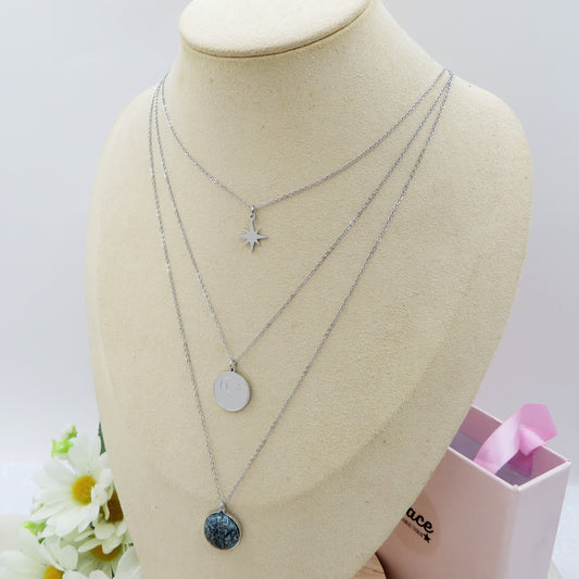 COSMIA ~ 3 in 1 Collana in ACCIAIO INOSSIDABILE tripla con ciondoli luna stelle e diaspro