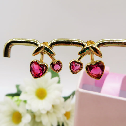 MINI CHERRIES HEART ~ Orecchini Ciliegie a cuore lobo in ACCIAIO inossidabile + cubic zirconia