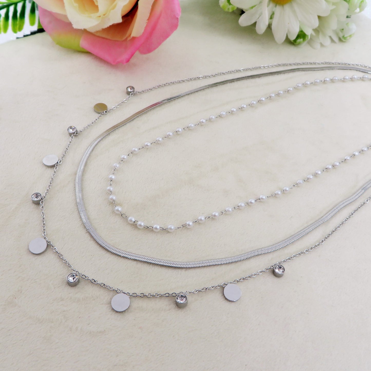 MADELINE ~ 3 in 1 Collana in ACCIAIO INOSSIDABILE tripla con perle e punti luce