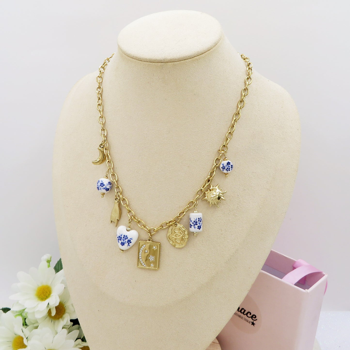 VENERE Collana con charms fiori Majolica vintage, luna e stelle - ACCIAIO INOSSIDABILE