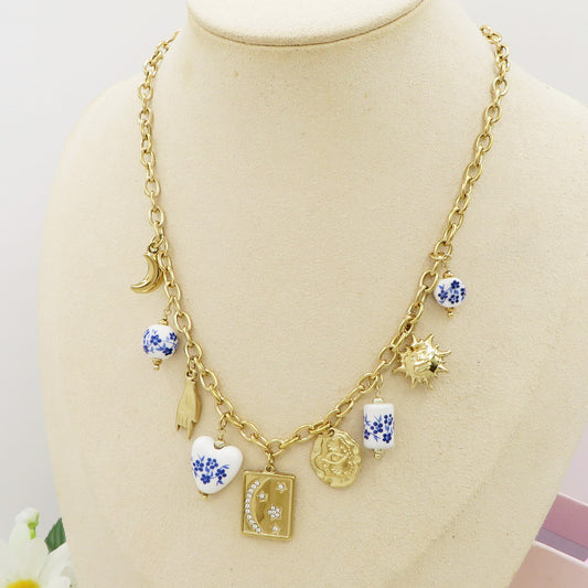 VENERE Collana con charms fiori Majolica vintage, luna e stelle - ACCIAIO INOSSIDABILE