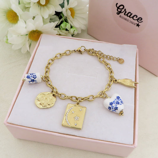 VENERE Bracciale con charms fiori Majolica vintage, luna e stelle - ACCIAIO INOSSIDABILE (Copia)