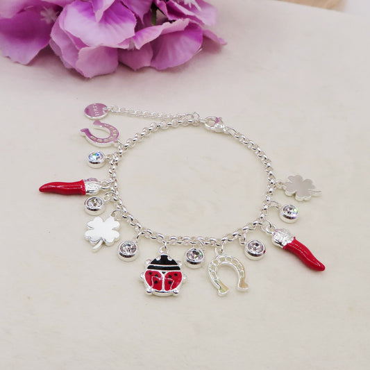 GOOD LUCK bagnato ARGENTO ~ Bracciale in ACCIAIO INOSSIDABILE con charms Portafortuna