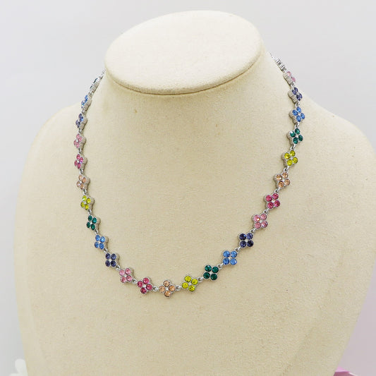 CASSIA~ACCIAIO INOSSIDABILE - Collana tennis quadrifogli RAINBOW con cubic zirconia