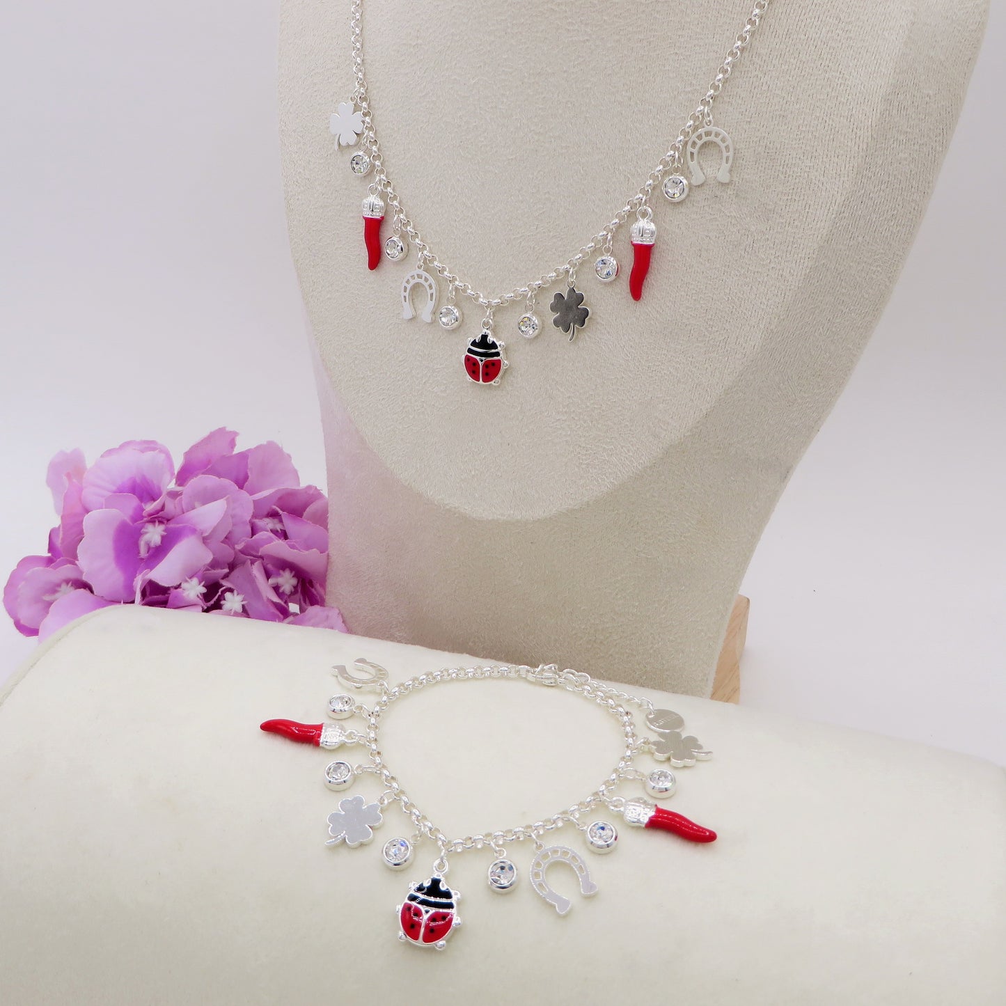 GOOD LUCK Collana bagnato ARGENTO ~ in ACCIAIO INOSSIDABILE con charms portafortuna