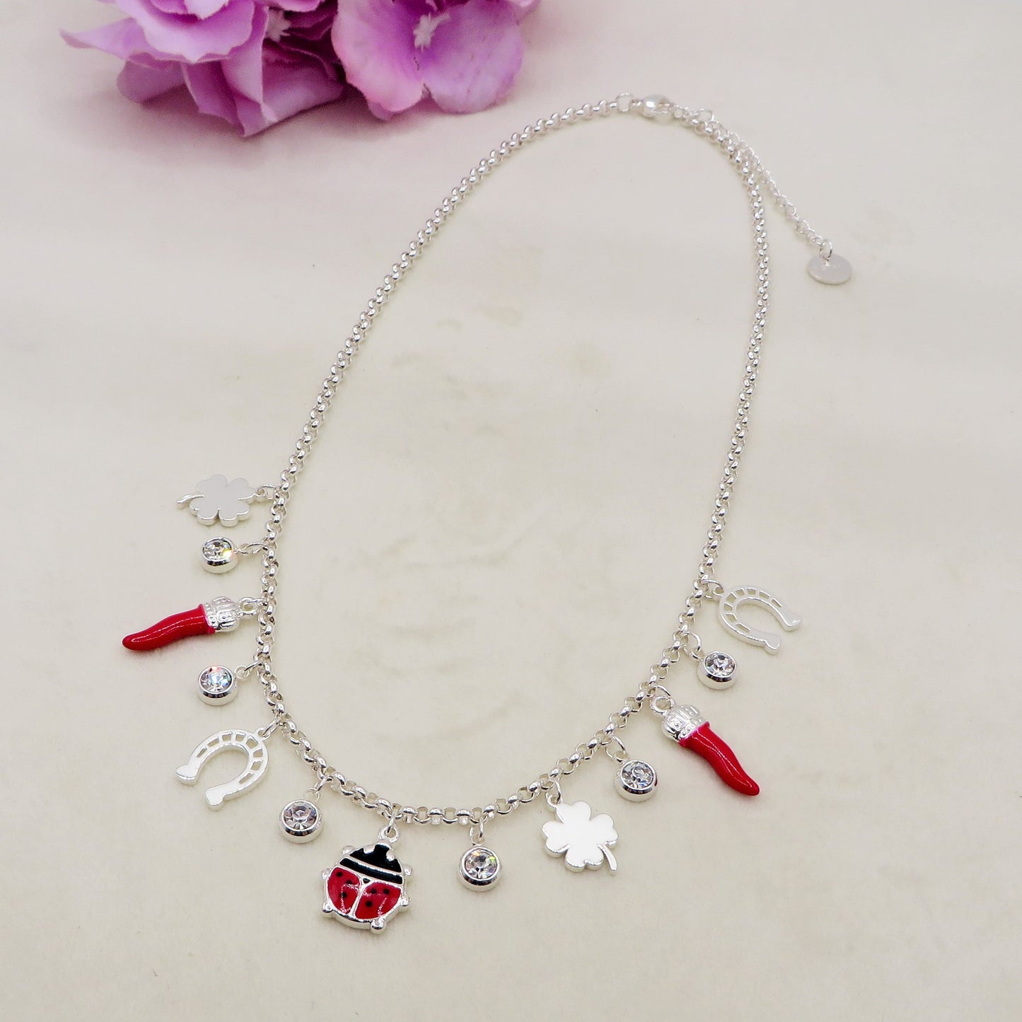 GOOD LUCK Collana bagnato ARGENTO ~ in ACCIAIO INOSSIDABILE con charms portafortuna