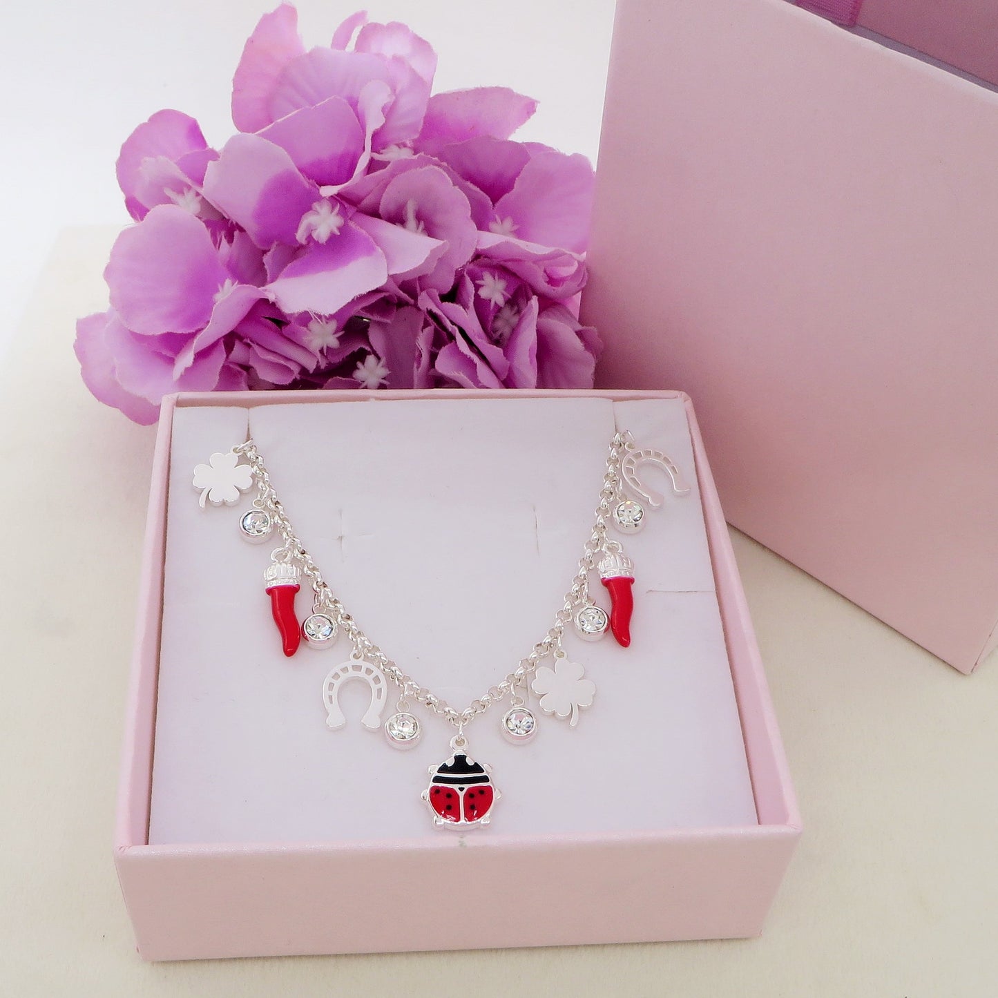 GOOD LUCK Collana bagnato ARGENTO ~ in ACCIAIO INOSSIDABILE con charms portafortuna