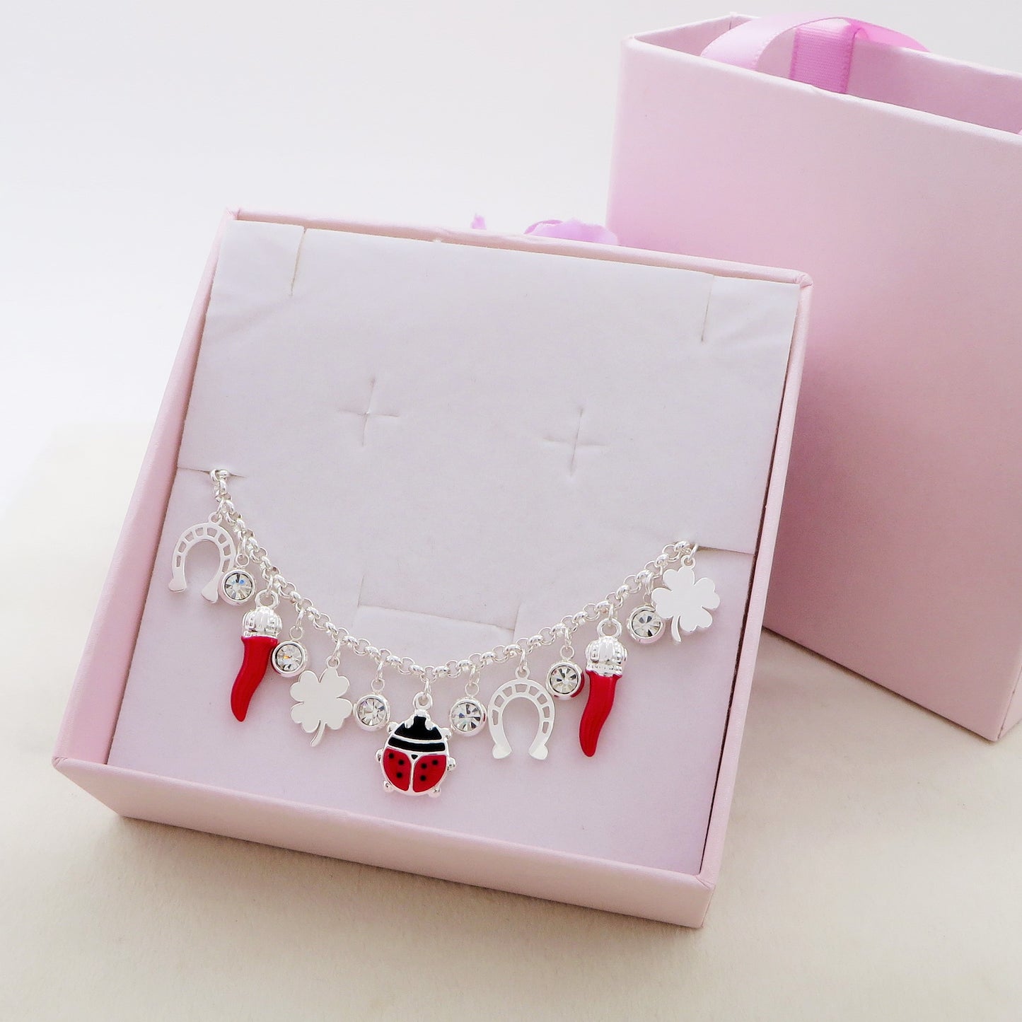 GOOD LUCK bagnato ARGENTO ~ Bracciale in ACCIAIO INOSSIDABILE con charms Portafortuna