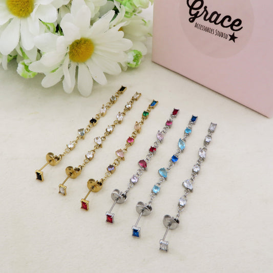 GLOWY ~ paio Orecchini ACCIAIO INOSSIDABILE pendenti pietre cubic zirconia stile saliscendi