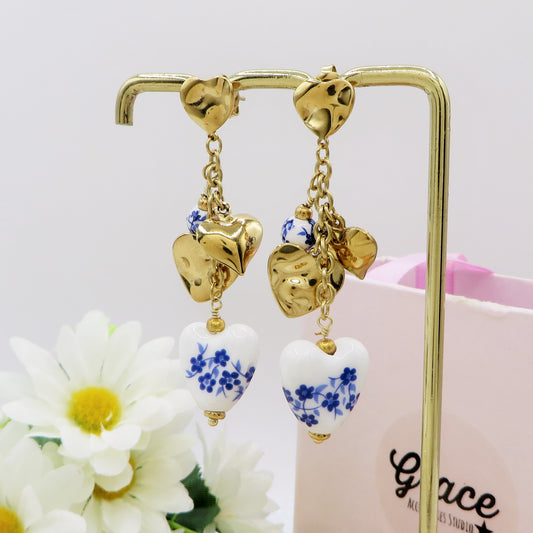 VENERE Orecchini con charms fiori Majolica vintage, cuori bombè - ACCIAIO INOSSIDABILE