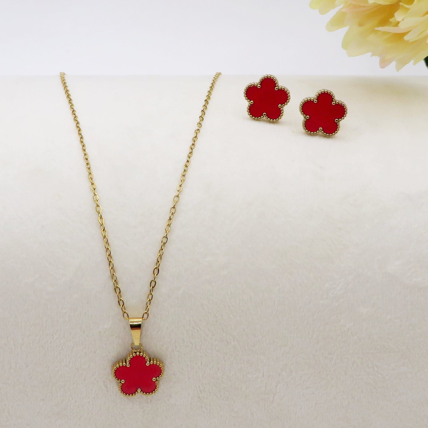 LILY big Flower SET ~ ACCIAIO INOSSIDABILE Collana + ORECCHINI LOBO fiore in madreperla