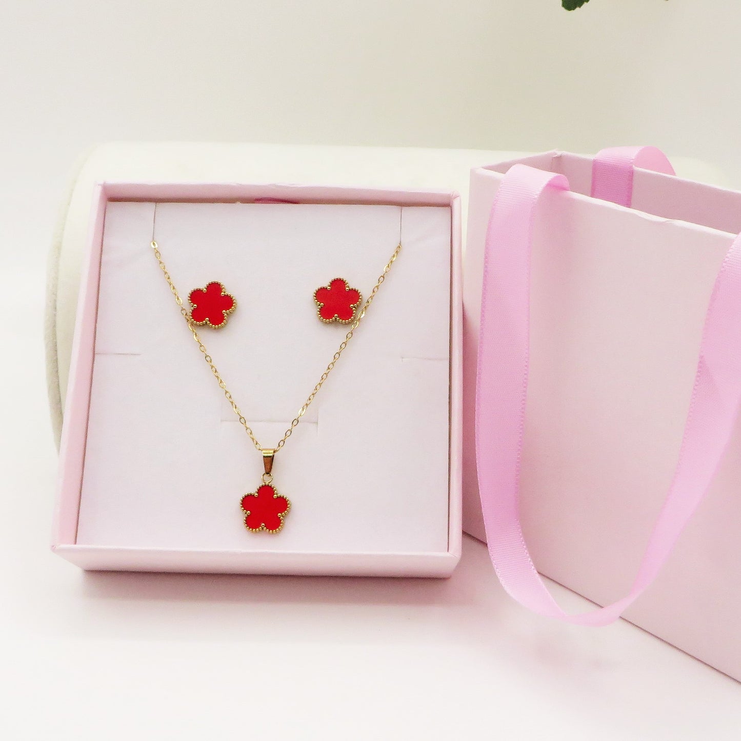 LILY big Flower SET ~ ACCIAIO INOSSIDABILE Collana + ORECCHINI LOBO fiore in madreperla