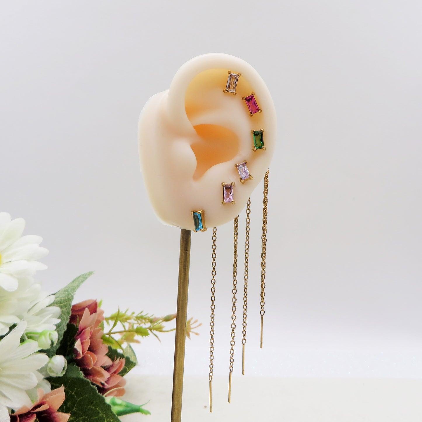 NATALIE Set 6 orecchini - ACCIAIO INOSSIDABILE - 6 Orecchini effetto saliscendi con cubic zirconia a taglio baguette