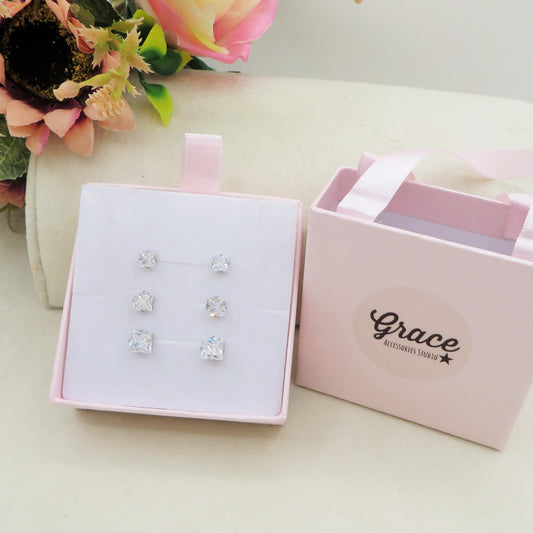 SQUARE SET 3 PAIA punti luce quadrati acciaio inossidabile ~ 6 PZ ~ 3 Paia~ Orecchini lobo con cubic zirconia AAA