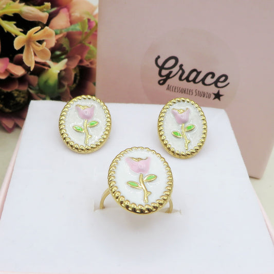 GRACE TULIP ~ Set Anello e orecchini fiore vintage in ACCIAIO INOSSIDABILE 316L