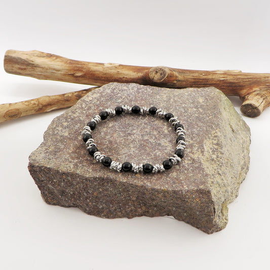 Bracciale uomo elasticizzato NODINI ACCIAIO INOSSIDABILE + perle black