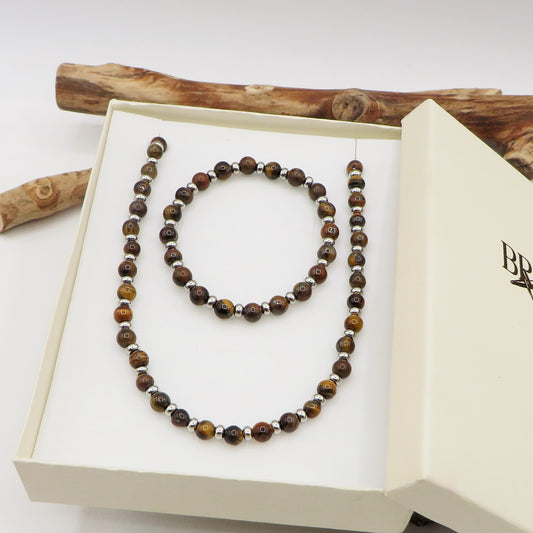 SET OCCHIO DI TIGRE Naturale - UOMO - Collana + Bracciale ACCIAIO inossidabile