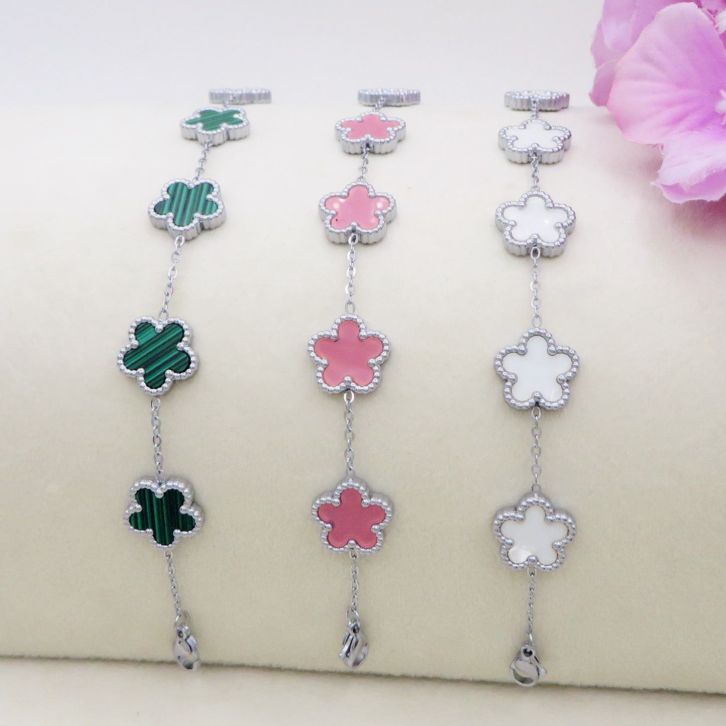 LILY big Flowers ACCIAIO INOSSIDABILE ~ Bracciale fiori in madreperla