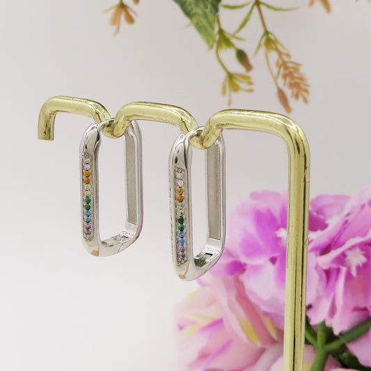 ELENA ~ Argento 925 Orecchini hoops rettangolari rainbow con cubic zirconia
