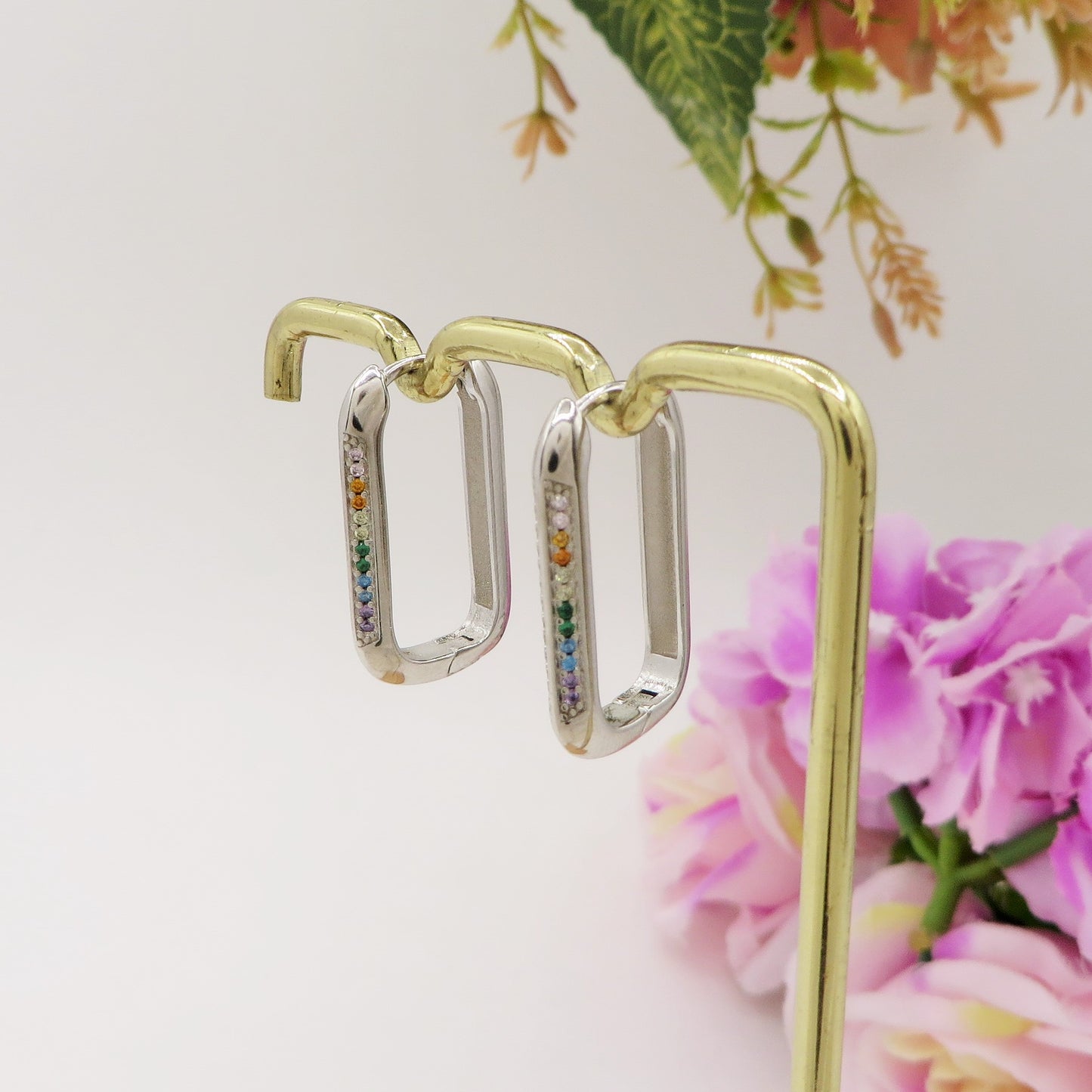 ELENA ~ Argento 925 Orecchini hoops rettangolari rainbow con cubic zirconia