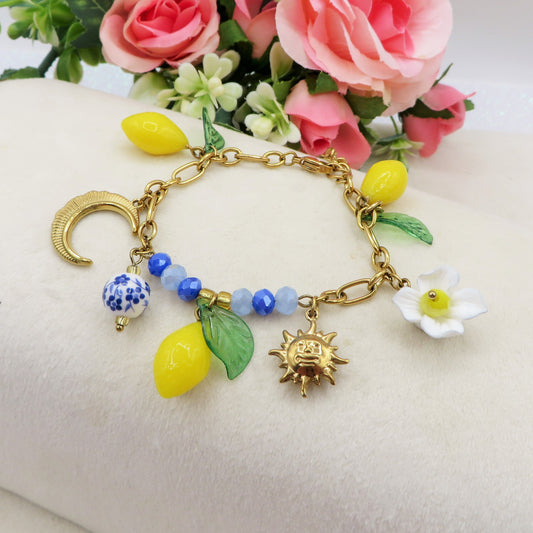 KALIMERA BRACELET - ACCIAIO inossidabile - Bracciale catena charms frutta LIMONI, SOLE, LUNA, MAIOLICA