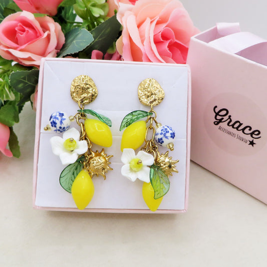 KALIMERA ORECCHINI - ACCIAIO inossidabile - Bracciale catena charms frutta LIMONI, SOLE, LUNA, MAIOLICA