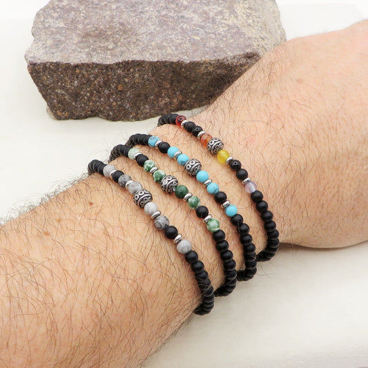 GUNNAR Bracciale uomo elasticizzato Perle in Resina + etniche ACCIAIO INOSSIDABILE