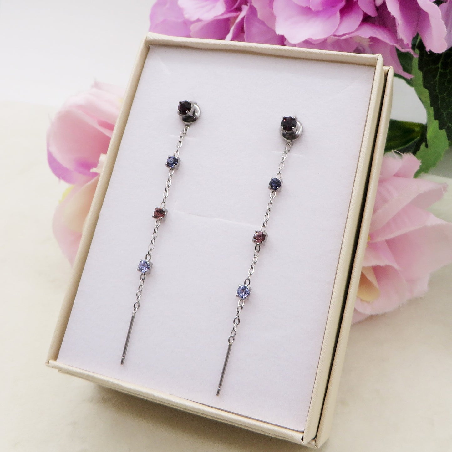 FAIRY ~ paio Orecchini ACCIAIO INOSSIDABILE pendenti zirconati stile saliscendi