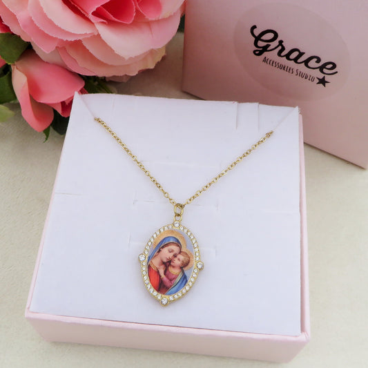 DIVINE ~ ACCIAIO INOSSIDABILE - Collana con madonnina + CUBIC ZIRCONIA