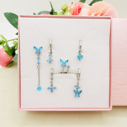BUTTERFLY Set 6 orecchini AZURE - ACCIAIO INOSSIDABILE - 6 Orecchini pendenti con cubic zirconia