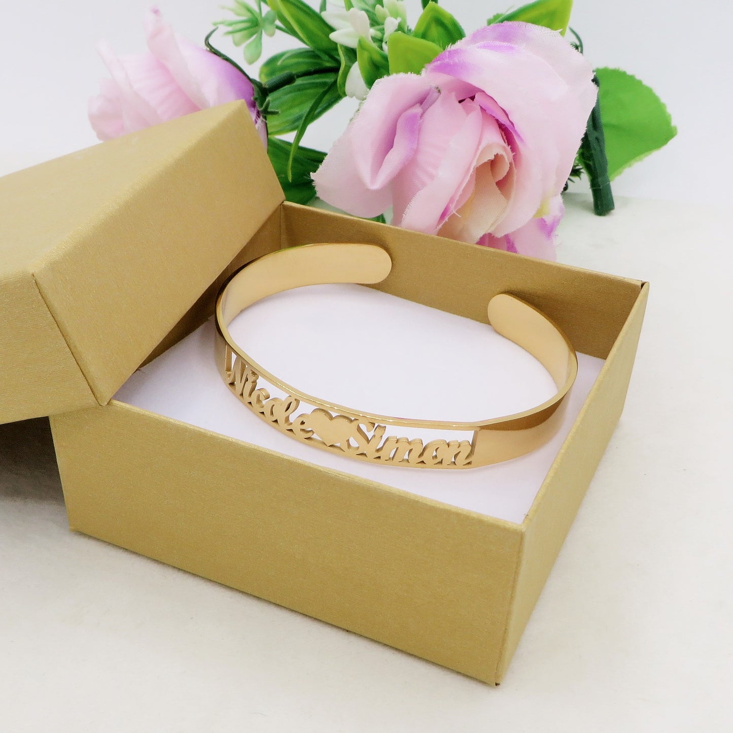 DOUBLE ♥ NAME Bracciale MANETTA Doppio NOME PERSONALIZZATO in Acciaio Inossidabile
