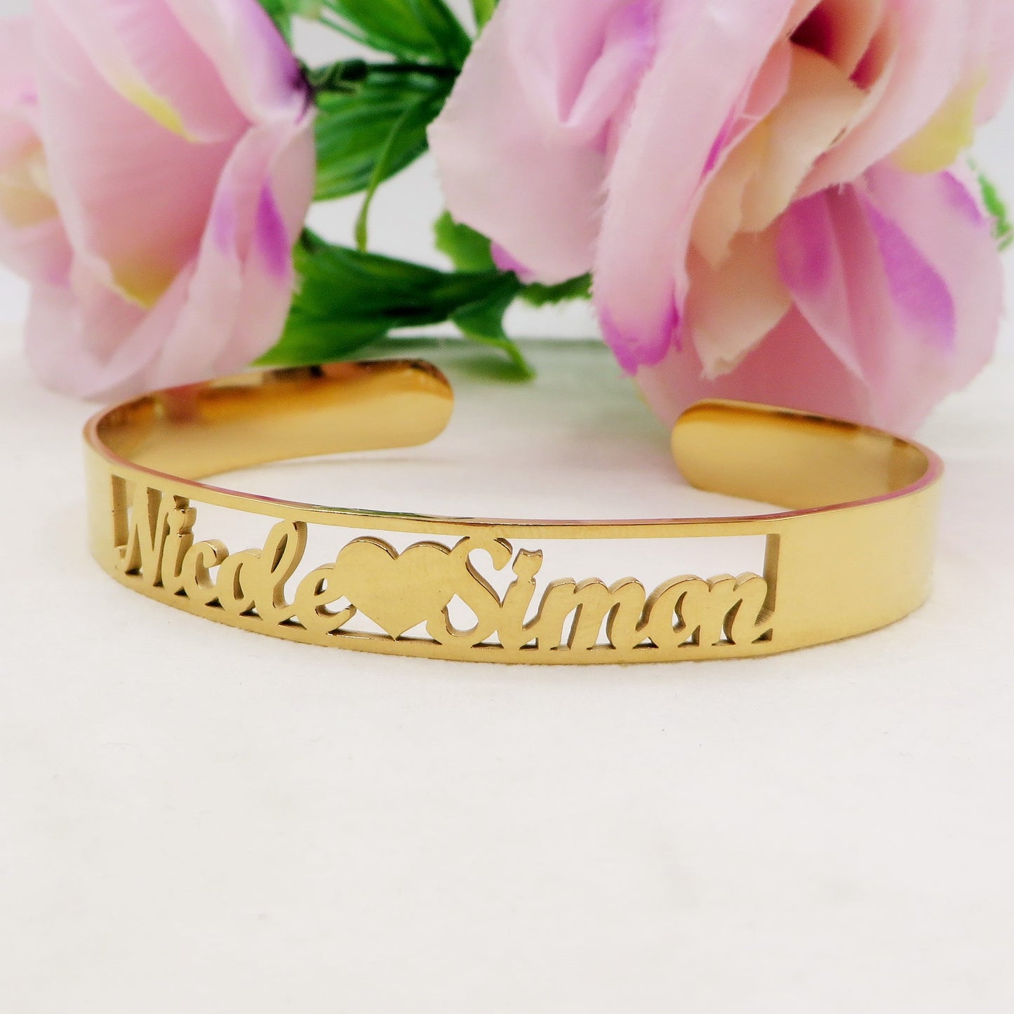 DOUBLE ♥ NAME Bracciale MANETTA Doppio NOME PERSONALIZZATO in Acciaio Inossidabile