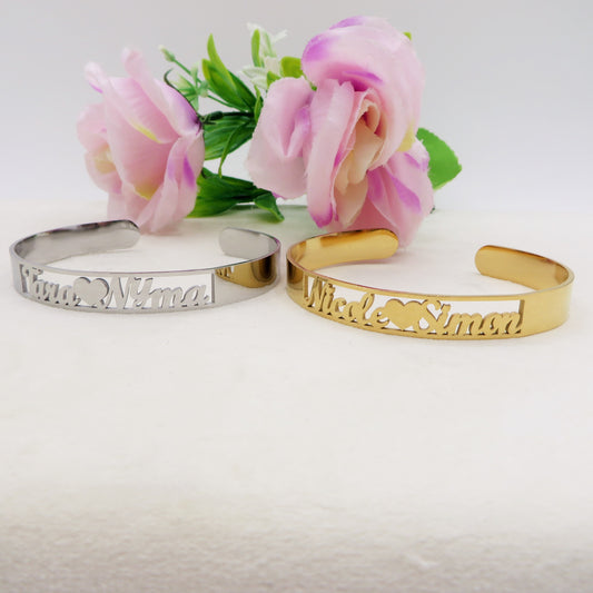 DOUBLE ♥ NAME Bracciale MANETTA Doppio NOME PERSONALIZZATO in Acciaio Inossidabile