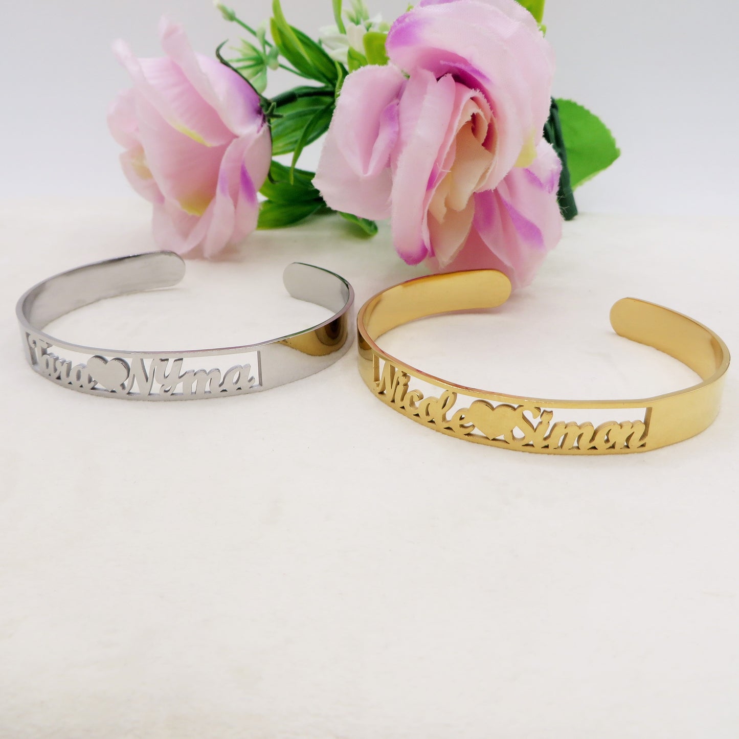 DOUBLE ♥ NAME Bracciale MANETTA Doppio NOME PERSONALIZZATO in Acciaio Inossidabile