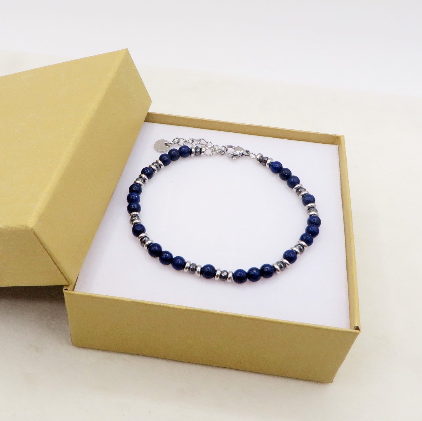 Bracciale uomo perle lapislazzuli + nodini ACCIAIO INOSSIDABILE