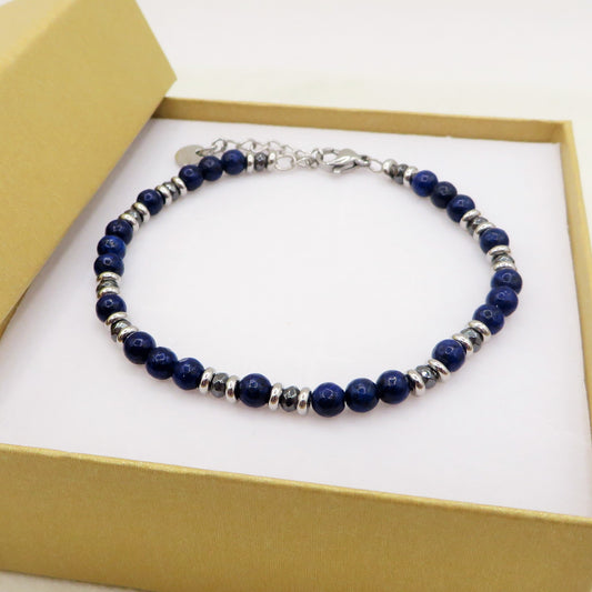 Bracciale uomo perle lapislazzuli + nodini ACCIAIO INOSSIDABILE