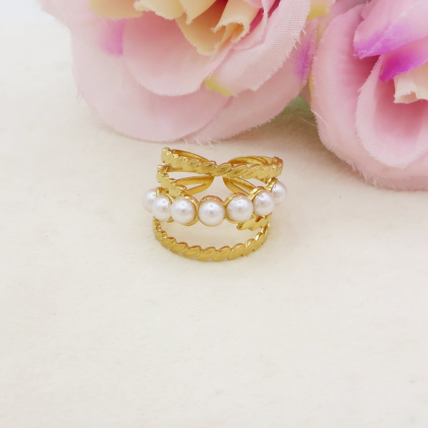 NALA - Anello regolabile in ACCIAIO inossidabile con perle