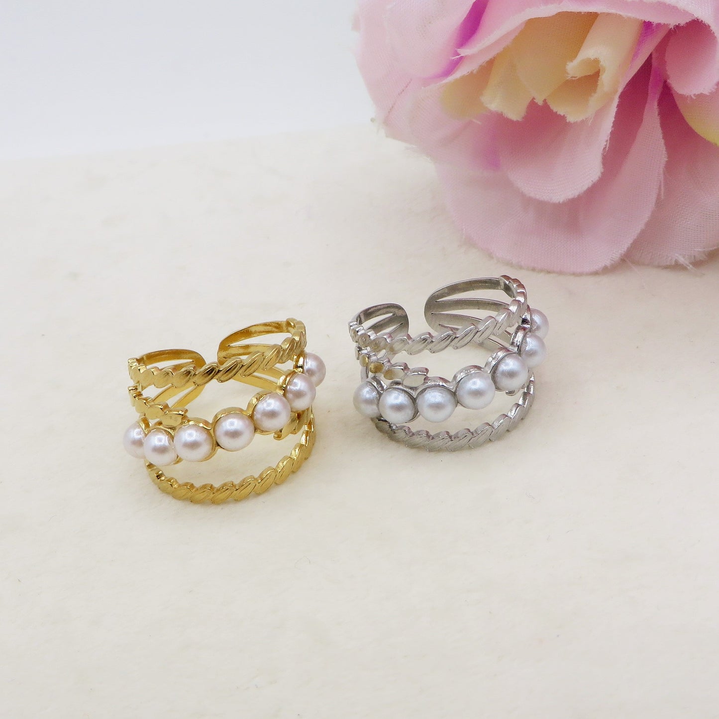 NALA - Anello regolabile in ACCIAIO inossidabile con perle