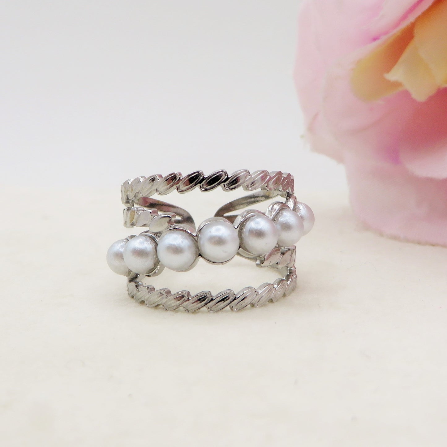 NALA - Anello regolabile in ACCIAIO inossidabile con perle