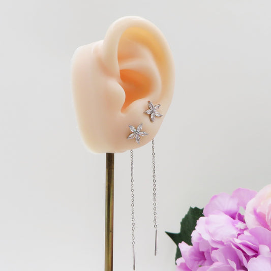 THALIA Orecchini saliscendi a fiore - Acciaio inossidabile ~ PAIO Orecchini filo pendenti con cubic zirconia - Ear Threader - Saliscendi