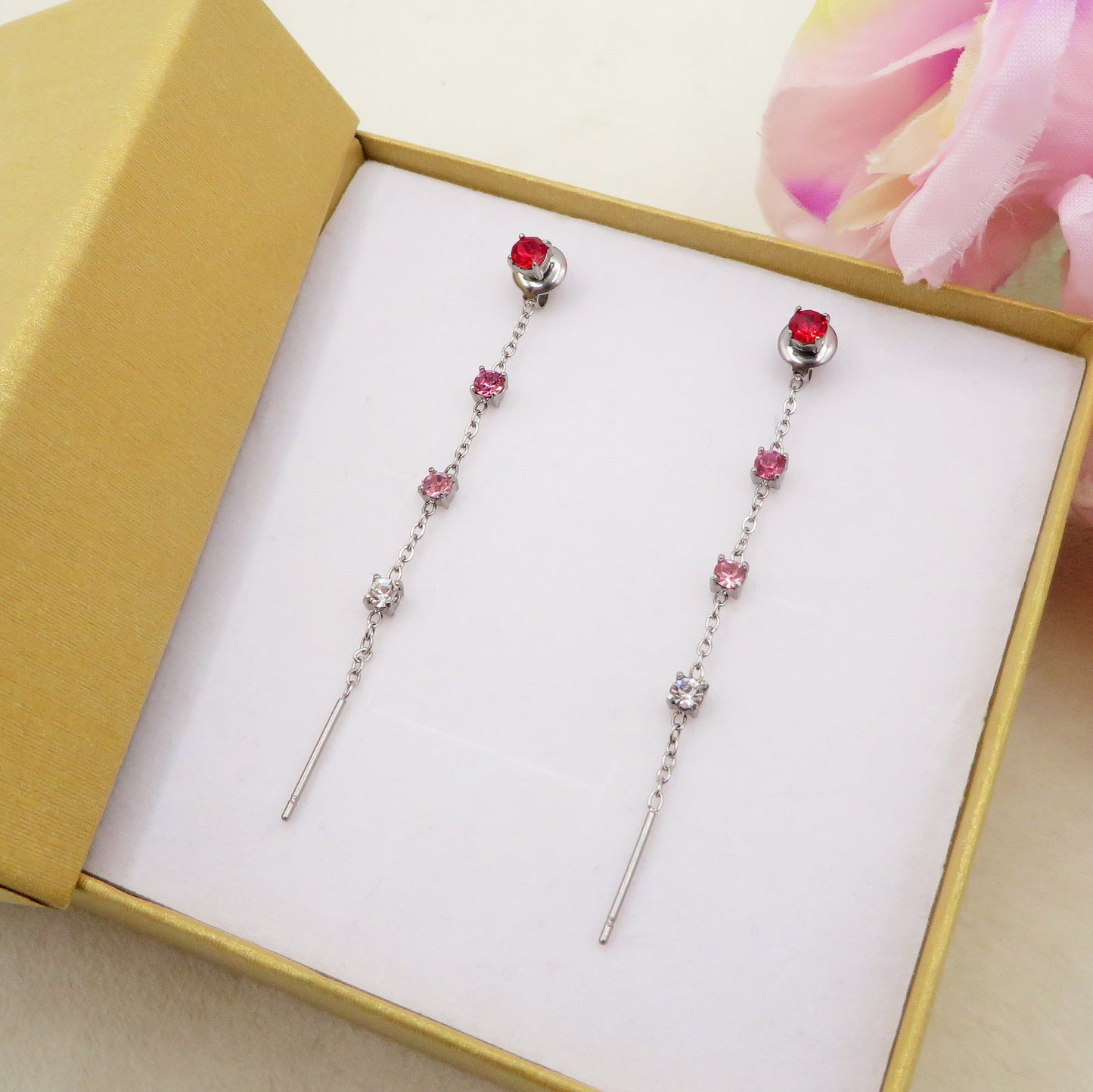FAIRY ~ paio Orecchini ACCIAIO INOSSIDABILE pendenti zirconati stile saliscendi