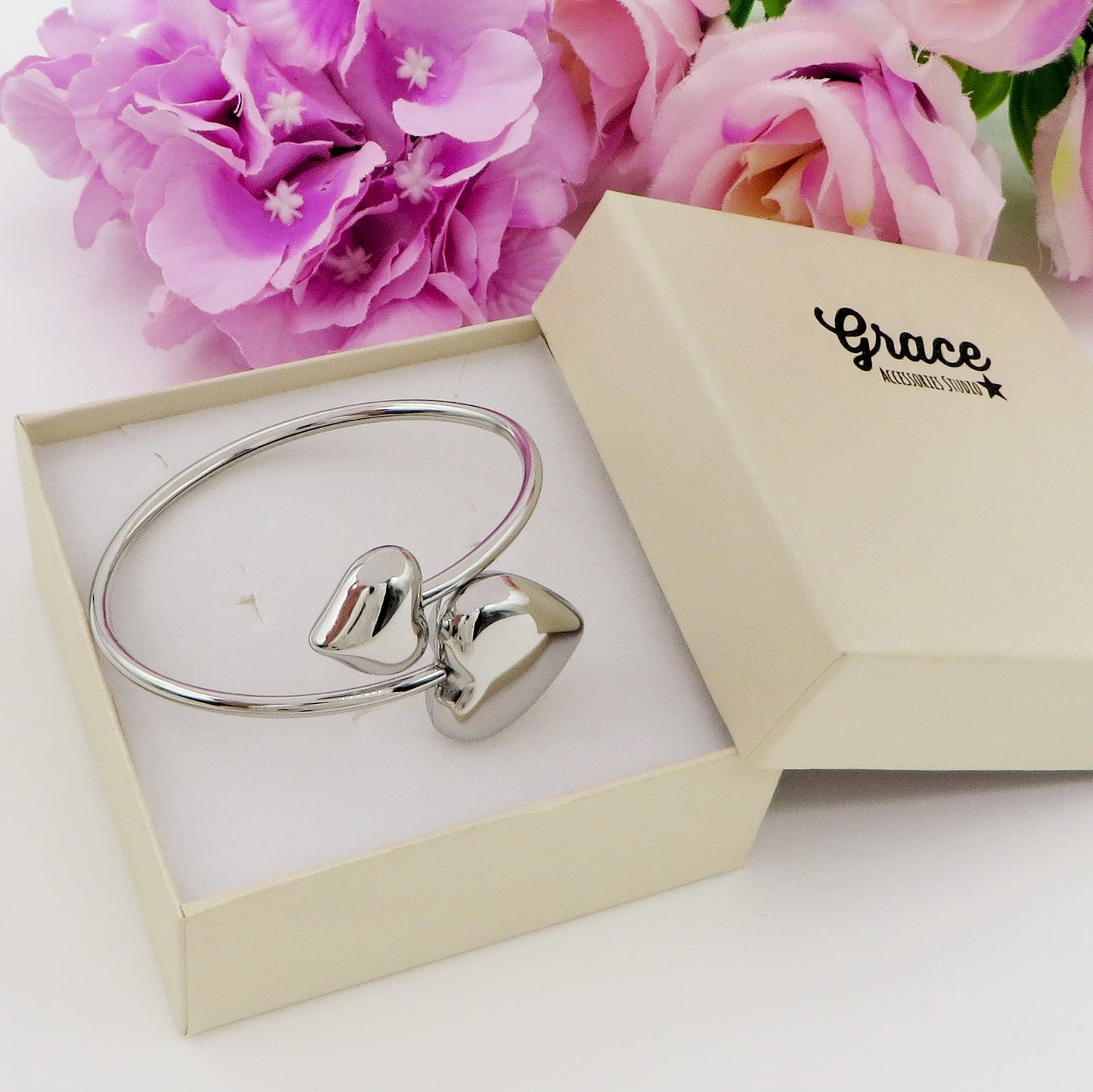 DOUBLE LOVE ~ Acciaio Inossidabile - Bracciale rigido doppia cuore bombè