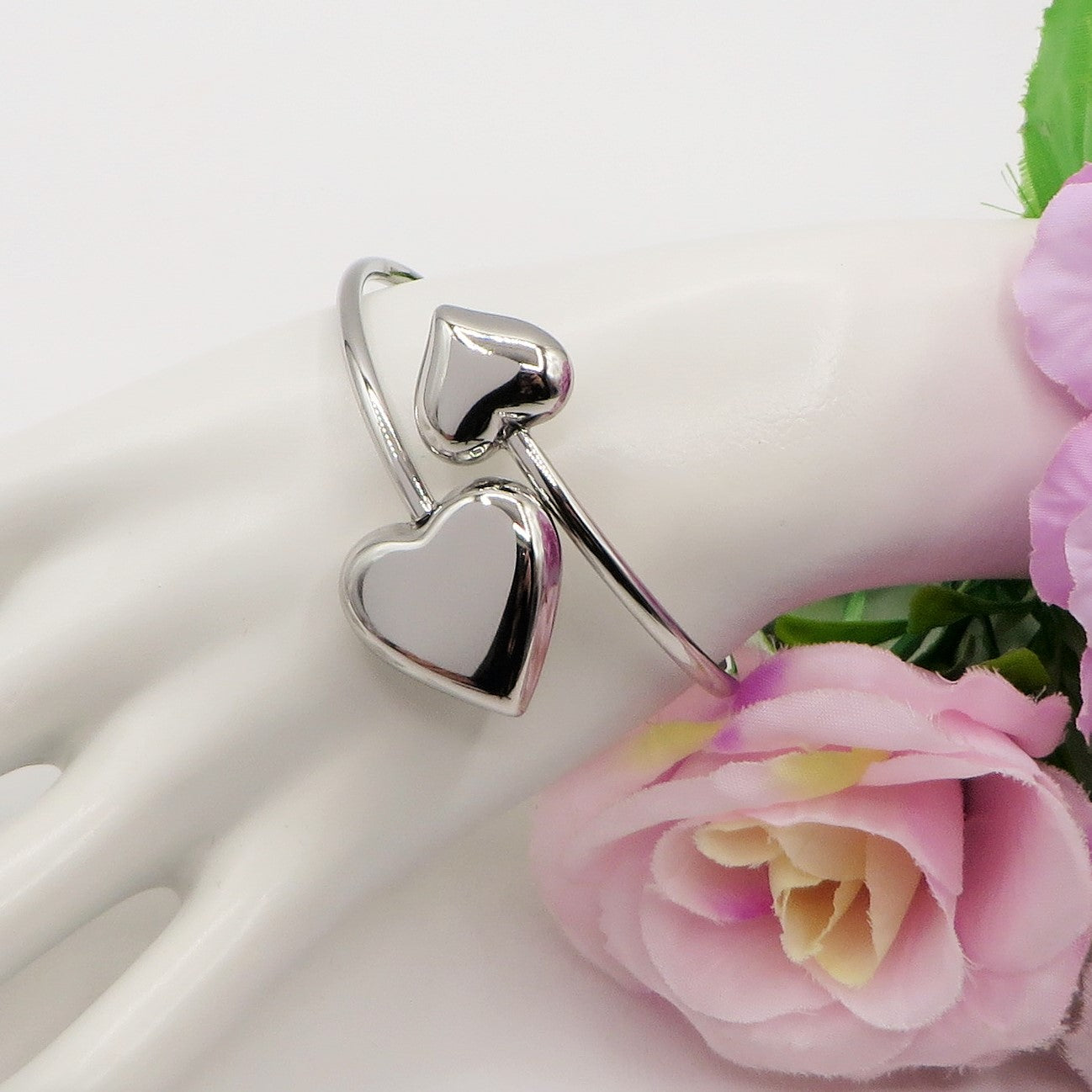 DOUBLE LOVE ~ Acciaio Inossidabile - Bracciale rigido doppia cuore bombè