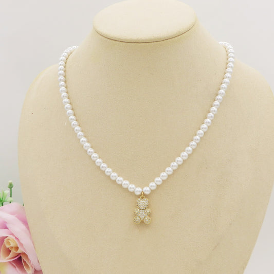 TEDDY CRYSTAL PEARLS - Collana perle con orsetto zirconato