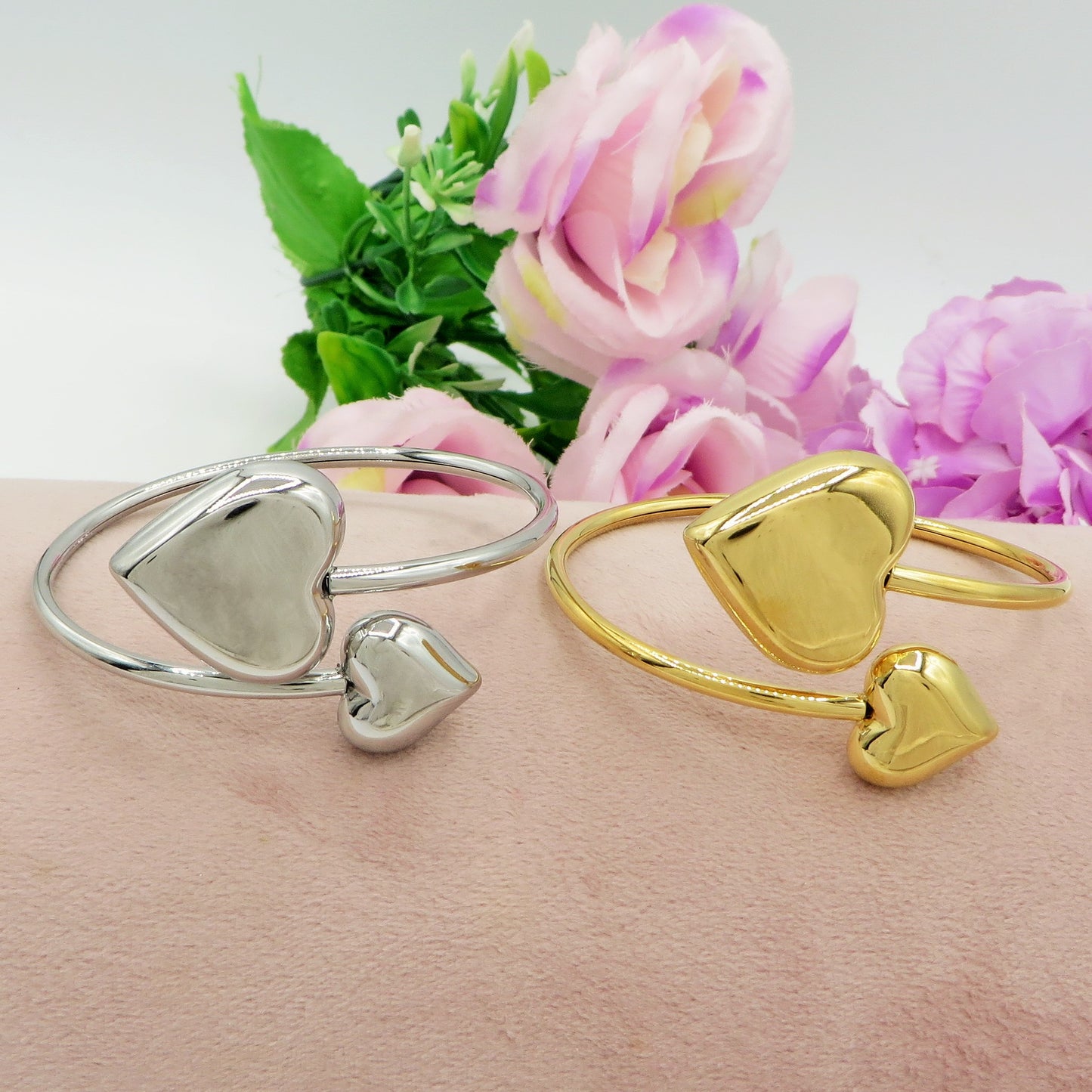 DOUBLE LOVE ~ Acciaio Inossidabile - Bracciale rigido doppia cuore bombè