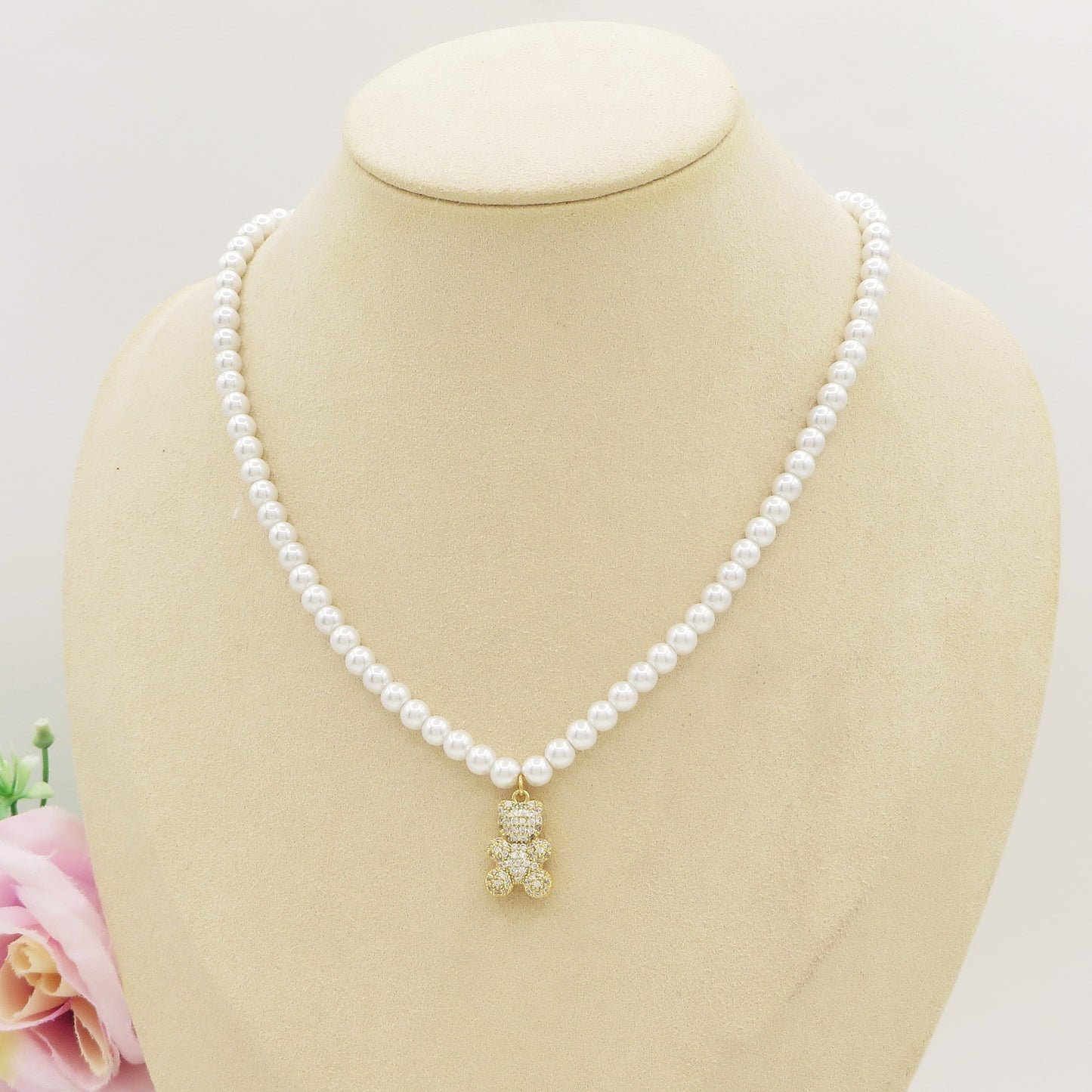 TEDDY CRYSTAL PEARLS - Collana perle con orsetto zirconato
