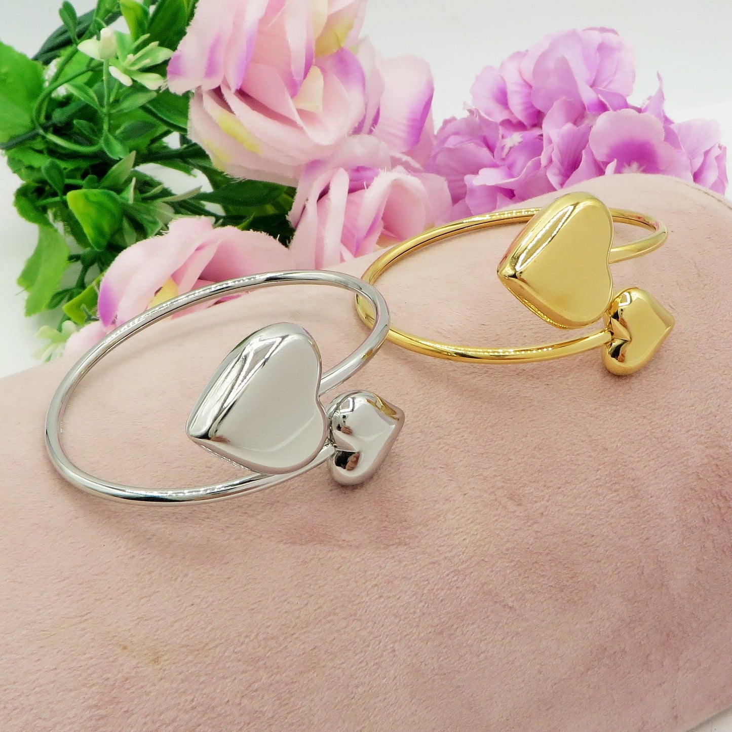 DOUBLE LOVE ~ Acciaio Inossidabile - Bracciale rigido doppia cuore bombè
