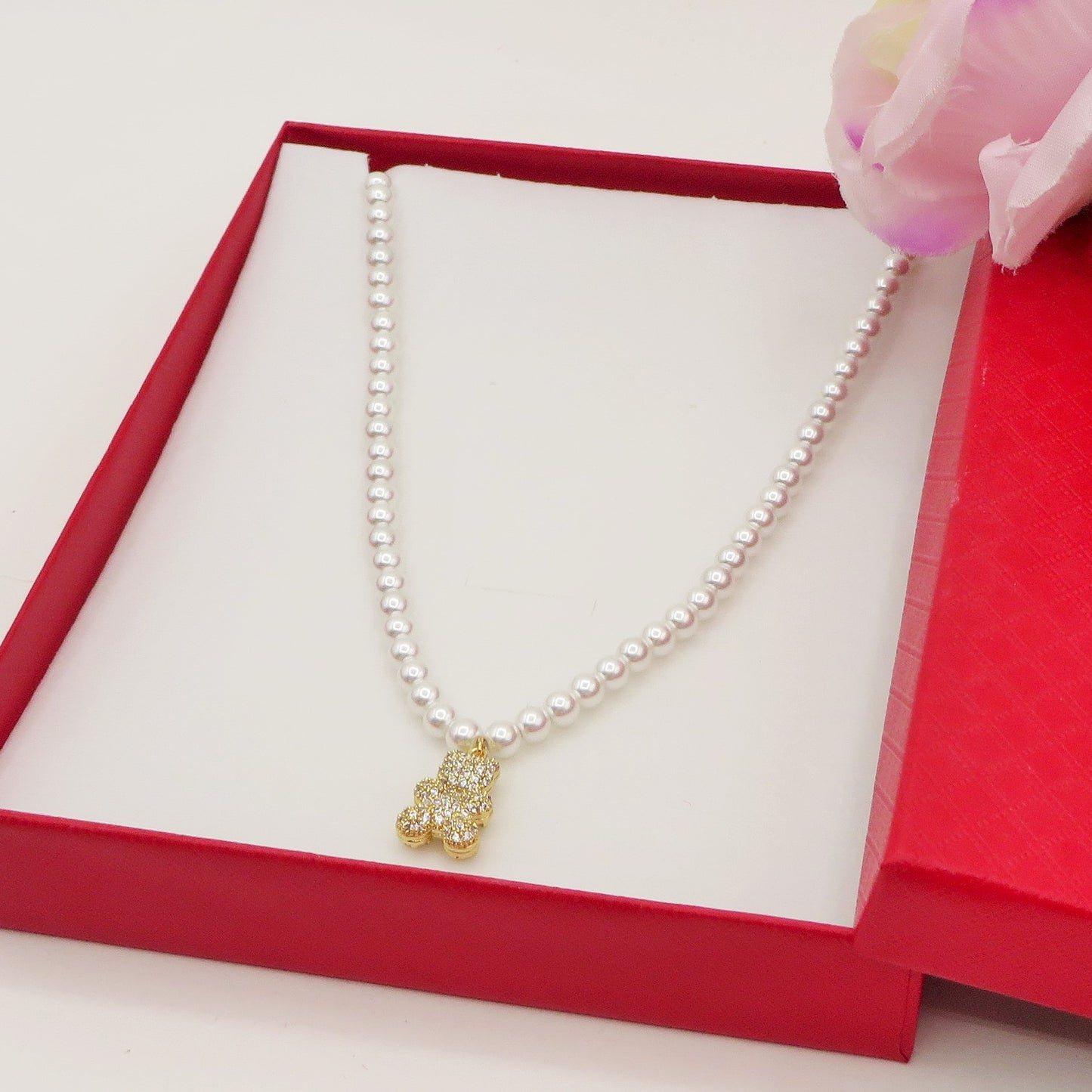 TEDDY CRYSTAL PEARLS - Collana perle con orsetto zirconato